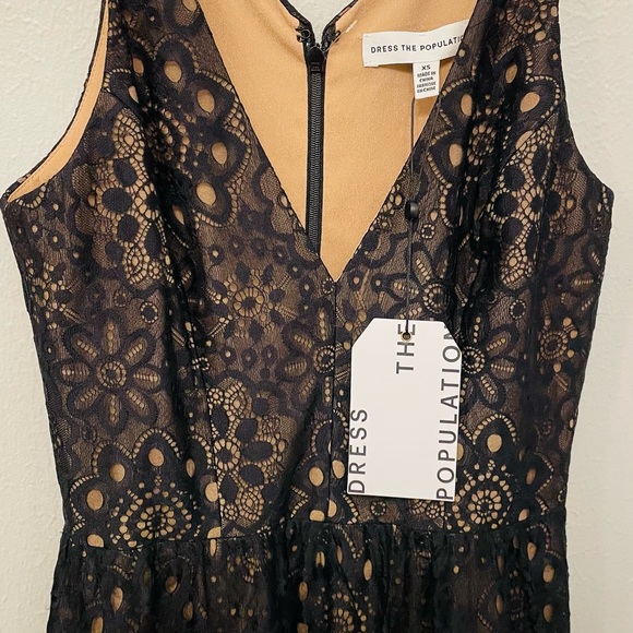 NWT XS Dress the Population long midi beige with long black lace V neck dress - Picture 3 of 8